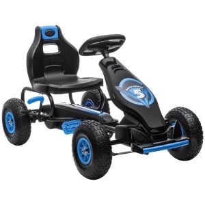 Kart cu pedale pentru copii cu scaun reglabil si frana de mana, PP/metal, 121x58x61 cm, scaun 35x28x35cm, roti cauciuc Φ28cm, capacitate 50kg, certificat EN71, varsta 3+/recomandat 5-12 ani, albastru/negru - Verificat A · Re-Bloom