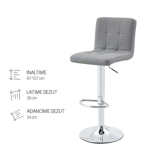 Kiwari Lior set 2 scaune bar reglabile, sezut PU/spuma, baza rotativa crom, 38x34cm, inaltime 87-107cm, sezut 59-79cm, capacitate 120kg, design modern, gri - Verificat A · Re-Bloom - Img 3