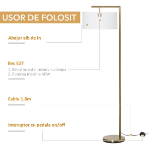 Lampadar modern Re-Bloom, metal/textil, auriu/alb, 47 x 37 x 153 cm, Resigilat, Grad A - Img 5