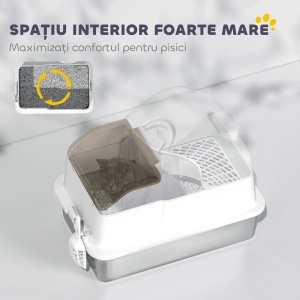 Litiera pisici inchisa 60.5x40.5x42 cm, cuva inox 201, capac basculant, 2 rogojini anti-nisip, lopata inclusa, alb/argintiu - Verificat A · Re-Bloom - Img 4