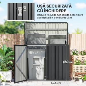 Magazie pentru cosuri de gunoi exterior Re-Bloom, otel galvanizat, 150x80x117 cm, 2 usi blocabile, acoperis rabatabil, gri inchis - Verificat A · Re-Bloom - Img 5