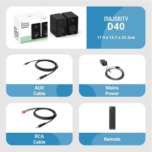 Majority D40 boxe PC active 2.0 Bluetooth HiFi, 60W, intrare optica/RCA/USB/AUX, drivere 4", dulap lemn masiv, telecomanda inclusa - Verificat A · Re-Bloom - Img 2