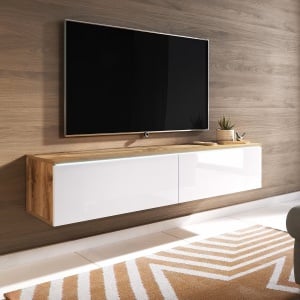 Minnas comoda TV LED 140x30x33 cm, 2 usi cu balamale, PAL alb lucios/stejar Wotan, iluminat integrat - Verificat A · Re-Bloom - Img 2