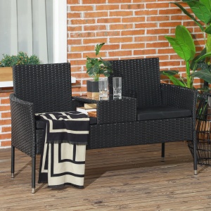 Mobilier de terasa 2 locuri Re-Bloom, ratan PE/otel/sticla/poliester, 135x64x81 cm, masa integrata, 2 perne incluse, 120 kg/loc, negru - Verificat A · Re-Bloom - Img 3