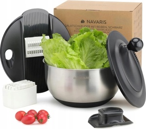 Navaris bol multifunctional cu centrifuga salata, otel inoxidabil 304, 5 discuri interschimbabile razuit/feliat, strecuratoare plastic, baza silicon antiderapanta, argintiu/negru - Verificat A · Re-Bloom - Img 1