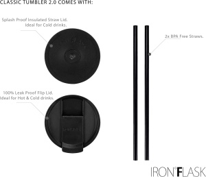 Pahar din otel inoxidabil IRON °FLASK, cu pai si capac, izolat, rece 16 ore / cald 4 ore, negru, 950 ml - Img 2