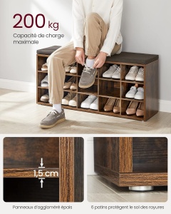 Pantofar Vasagle, PAL/spuma/textil, maro rustic, 30 x 48 x 105 cm, Resigilat, Grad A - Img 2