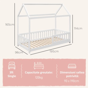 Pat Montessori casuta pentru copii Re-Bloom, lemn de pin, 96x195x165 cm, 15 sipci, bariere protectie 44 cm, saltea 90x190 cm, 120 kg, alb - Verificat A · Re-Bloom - Img 6