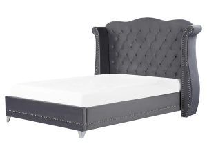 Produs Resigilat Pat matrimonial Re-Bloom Ayette, 160x200 cm, catifea/eucalipt/fier/pin/placaj, somiera 30 lamele arc, tablie 205x154 cm, 220 kg, gri - Verificat A