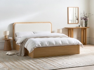 Produs Resigilat Pat matrimonial Re-Bloom Perouges, 160x200 cm, MDF/lemn cauciuc/textil, somiera 32 lamele arc, tablie 170x104 cm, 150 kg, natur - Verificat A - Img 2
