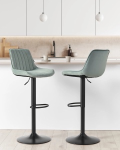 Produs Resigilat Set 2 scaune de bar Re-Bloom Dubrovnik, catifea/otel, 51x54x88-109 cm, pivotante 360°, inaltime reglabila, 120 kg, verde menta/negru - Verificat B - Img 2
