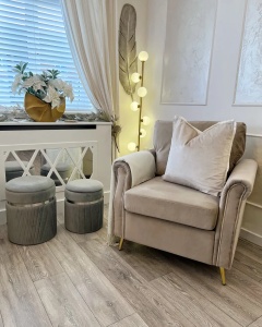 Produs Resigilat Set 2 tabureti Re-Bloom Camdenton catifea cu depozitare, rotunde, 36x44 si 31x38 cm, spuma 25 kg/m3, benzi metalice lucioase, 150 kg, gri deschis - Verificat A - Img 3