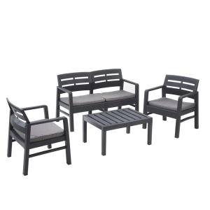 Progarden set mobilier gradina Java 4 piese, polipropilena, canapea 2L 121x58x74 cm + 2 scaune 63x58x74 cm + masa 74x55x38 cm, perne incluse, antracit - Verificat A · Re-Bloom