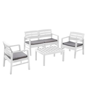 Progarden set mobilier gradina Java 4 piese, polipropilena, canapea 2L 121x58x74 cm + 2 scaune 63x58x74 cm + masa 74x55x38 cm, perne incluse, alb - Verificat B · Re-Bloom