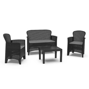 Progarden set mobilier gradina Jungle 4 piese, polipropilena, canapea 2L 113x57x57.5 cm + 2 scaune 59x57x85.5 cm + masa 59x46x40 cm, perne incluse, antracit - Verificat A · Re-Bloom