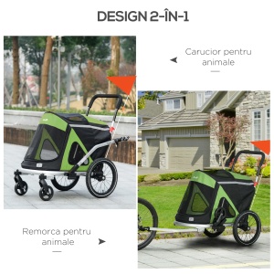 Remorca de bicicleta 2in1 carucior pentru caini pliabil, aluminiu/tesatura Oxford, 150x68x95 cm pliat 94x43x20 cm, roti 6"/16", capacitate 30kg, potrivita caini pana la 20kg/49cm, verde/negru - Verificat A · Re-Bloom - Img 4
