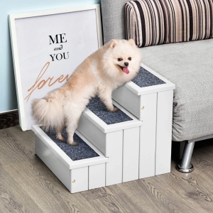 Scara din lemn cu 3 trepte pentru animale Re-Bloom, lemn pin/covor panza, 44.5x40.5x38 cm, 30 kg, alb - Verificat A · Re-Bloom - Img 2