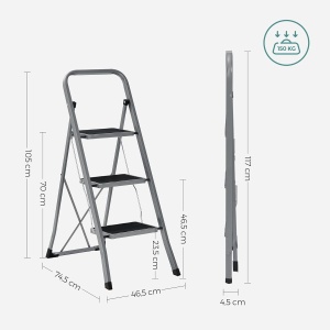 Scara pliabila cu 3 trepte Songmics, otel, gri/negru, 46,5 x 74,5 x 105 cm, Resigilat, Grad A - Img 2
