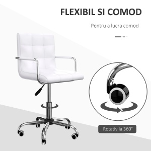Scaun birou alb captusit, reglabil pe inaltime, roti antiderapante, piele PU, fier zincat, 52.5x54x84-99cm - Verificat A · Re-Bloom - Img 6
