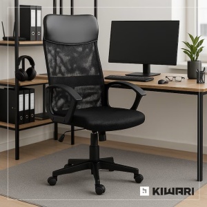 Scaun birou Kiwari® Nad, spatar inalt, suport lombar, brate fixe, sezut cu spuma si mesh, mecanism fluture, baza nylon, roti PU, cadru metalic, suprafata PU&Mesh, Negru, Resigilat, Grad A - Img 2