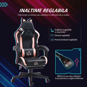 Scaun ergonomic de Gaming, piele ecologica/metal/plastic, negru/roz, 65 x 62 x 116-124 cm, Resigilat, Grad A - Img 6