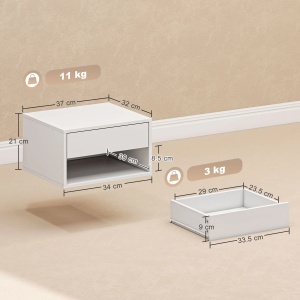 Set 2 noptiere suspendate, PAL, 37x32x21 cm, sertar 29x23.5x6 cm + compartiment deschis 34x30x8.5 cm, capacitate 11kg, alb - Verificat A · Re-Bloom - Img 3