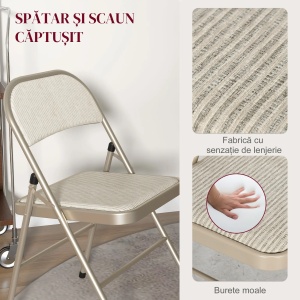 Set 4 scaune pliabile moderne cu perne, otel/poliester/spuma, 45x46x78 cm pliat 45x97x9 cm, sezut 37x37x45cm, spatar 42x36cm, capacitate 120kg, bej - Verificat A · Re-Bloom - Img 6