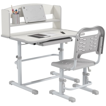 Set birou si scaun copii 6-12 ani, reglabil 82-104 cm, blat inclinabil 45°, sertar, raft carti, MDF/PP/otel, gri si alb - Verificat A · Re-Bloom