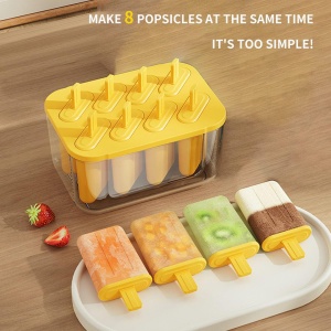 Set de 2 recipiente pentru cuburi de gheata si inghetata YiChenPlus, plastic, galben/transparent, 17,5 x 12,3 x 9,5 cm - Img 4