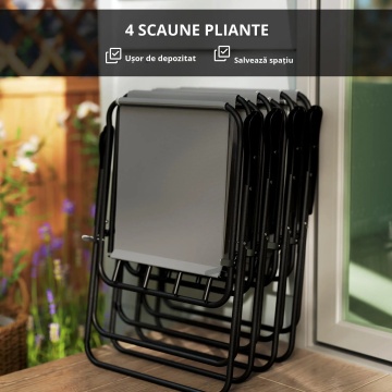 Set de gradina 6 piese, masa rotunda Ø80 cm, 4 scaune pliabile, umbrela Ø180 cm, blat sticla securizata, otel acoperit cu pulbere, textilina 530gsm, gri si negru - Verificat A · Re-Bloom - Img 5