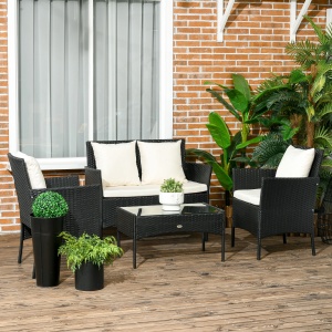 Set gradina 4 piese Re-Bloom, otel/ratan PE/poliester/sticla, 2 scaune 58x60x81 cm + fotoliu 2 locuri 101x60x81 cm + masa 71x41x38 cm, negru/crem - Verificat A · Re-Bloom - Img 4