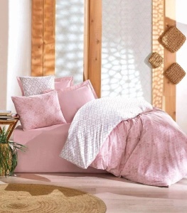 Set husa pilota + fata de perna, bumbac ranforce 100%, 155x200 cm + 80x80 cm, roz/alb - Verificat A · Re-Bloom