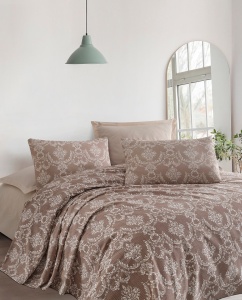 Set lenjerie de pat, bumbac 100%, 240x220 cm, cearsaf neelastic, lavabil 30°C, maro - Verificat A · Re-Bloom