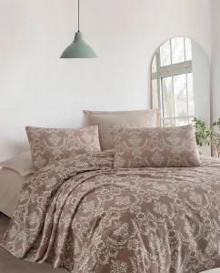 Set lenjerie de pat, bumbac 100%, 240x220 cm, cearsaf neelastic, lavabil 30°C, maro - Verificat A · Re-Bloom