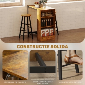 Set masa bar cu 3 rafturi + 2 scaune inalte, stil industrial, PAL/otel, Maro rustic/Negru - Verificat A · Re-Bloom - Img 5