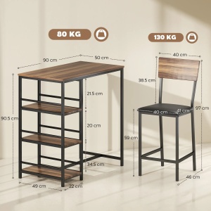 Set masa de bar cu 3 rafturi si 2 scaune Re-Bloom, otel/MDF/piele PU/spuma, masa 90x50x90.5 cm + 2 scaune 40x46x97 cm, suport picioare, 80/130 kg, nuc/negru - Verificat A · Re-Bloom - Img 3