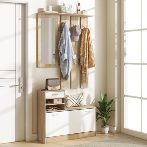 Set mobilier hol Re-Bloom, PAL, cuier 90x10x91 cm + raft pantofi 90x24x75 cm + oglinda 25x70 cm + 2 rafturi reglabile, 10/30 kg, alb/stejar - Verificat A · Re-Bloom - Img 3