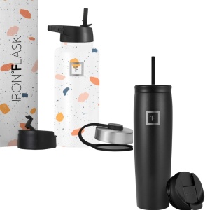 Set sticla din otel inoxidabil IRON °FLASK, 3 capace 950 ml + Pahar din otel inoxidabil IRON °FLASK, cu pai si 2 capace 830 ml