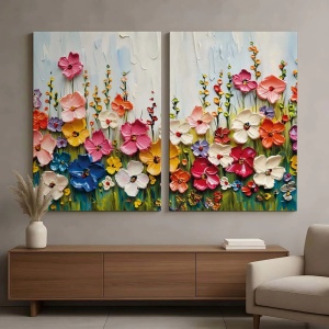 Set tablou decorativ Re-Bloom, 2 piese, model floral, panza/lemn, multicolor, 80 x 120 cm - Img 2