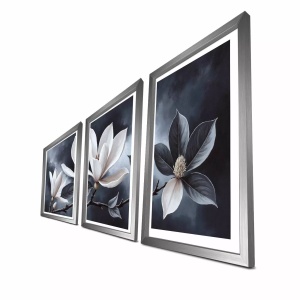 Set tablou decorativ Re-Bloom, 3 piese, model floral, MDF/lemn, gri/alb, 38 x 53 cm - Img 2