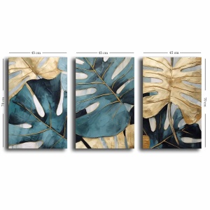 Set tablou decorativ Re-Bloom, 3 piese, panza/lemn masiv, albastru/auriu, 145 x 70 cm - Img 2