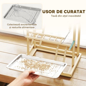 Suport de joaca pentru papagali, lemn de pin/otel inoxidabil, 48x38x95 cm, tava detasabila, scari, boluri, leagan, stinghii, pentru perusi/nimfe/conuri, lemn natural - Verificat A · Re-Bloom - Img 4