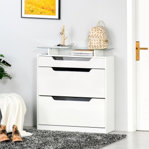 Suport pantofi modern 16 perechi, 2 sertare, raft sticla, PAL, 89x23x96cm, Alb lucios - Verificat A · Re-Bloom - Img 2