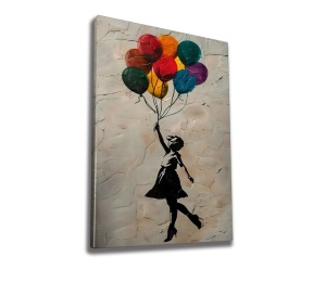 Tablou decorativ canvas model fetita cu baloane, 70x100 cm, panza/lemn, multicolor - Verificat A · Re-Bloom