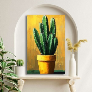 Tablou decorativ Re-Bloom, model cactus, panza/lemn, galben/verde, 45 x 70 cm - Img 3