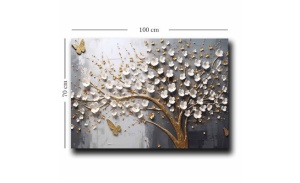 Tablou decorativ Re-Bloom, model copac, lemn masiv/panza, alb/auriu/gri, 70 x 100 cm - Img 2