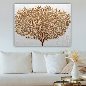 Tablou decorativ Re-Bloom, model copac, lemn/panza, auriu/alb, 70 x 100 cm - Img 4