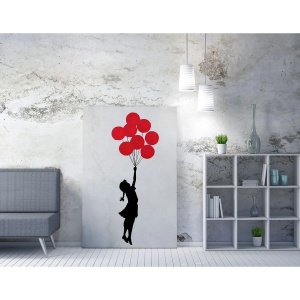 Tablou decorativ Re-Bloom, model fetita cu baloane, panza/lemn, gri/negru/rosu, 70 x 100 cm - Img 4
