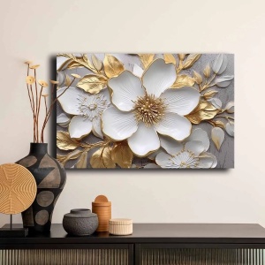 Tablou decorativ Re-Bloom, model floare, panza/lemn masiv, gri/alb/auriu, 45 x 70 cm - Img 4