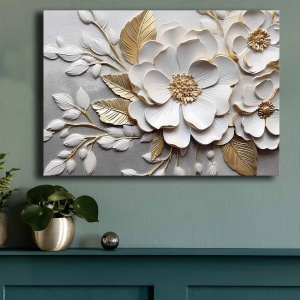 Tablou decorativ Re-Bloom, model floral, panza/lemn, alb/gri/auriu, 70 x 100 cm - Img 4